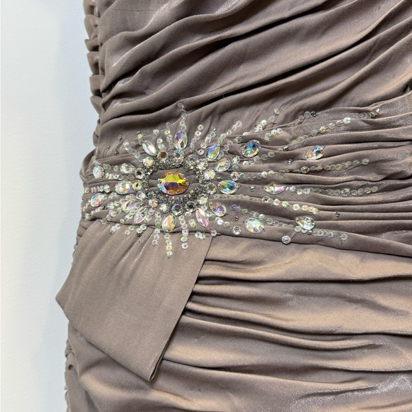 NWT Cache One-Shoulder Ruched Dress with beaded details Size 12 in Mink - Picture 10 of 13